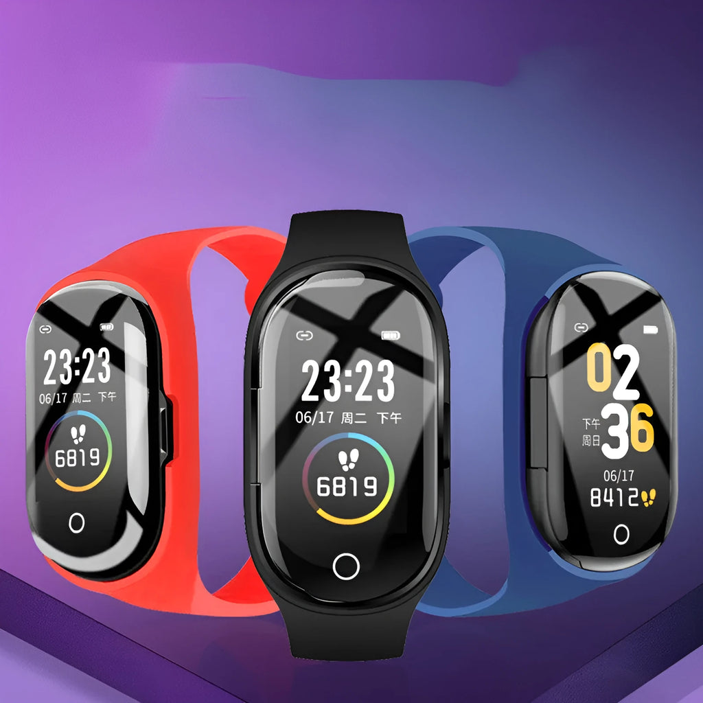 Smart bracelet and earphone combo in black, blue, or red with a 1-inch screen on a silicone wristband.