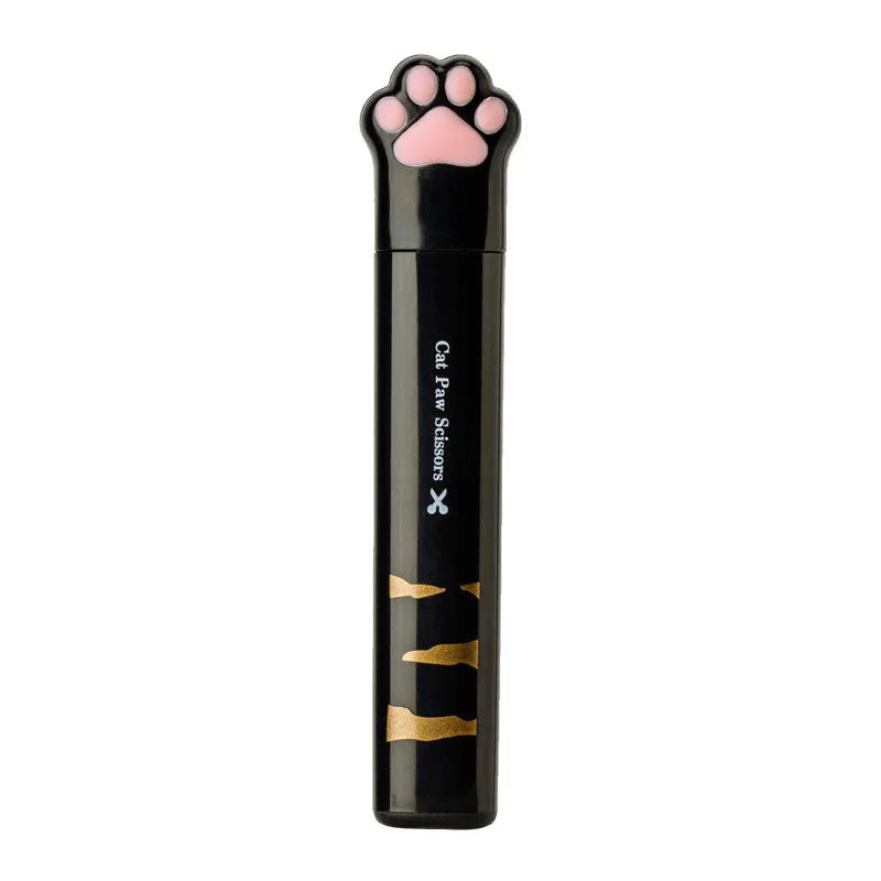 Closed and open views of cute cat paw design mini folding scissors in various colours.