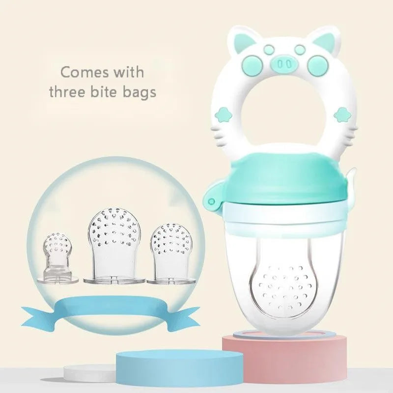 Silicone baby teether in blue, green, or pink colours with multiple mouthpiece options for infant chewing relief