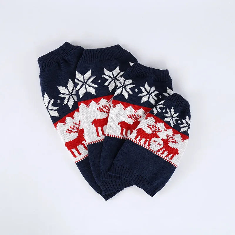 Navy blue knitted Christmas sweater for a dog on a white background