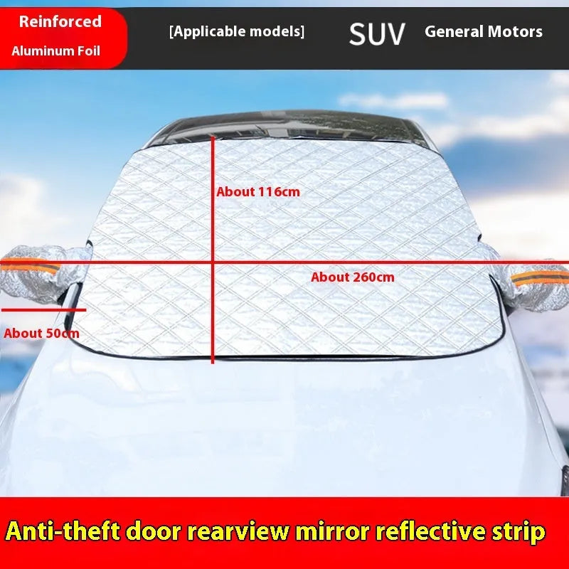 Winter car windshield cover for SUVs with aluminium foil construction and five magnets