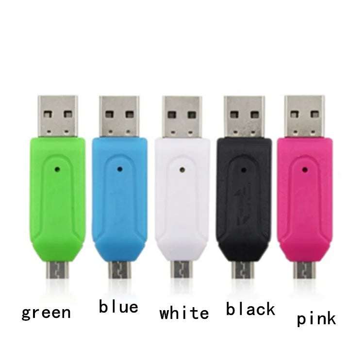 White OTG card reader with micro USB connector for Android phones and computers showing SD and TF card slots