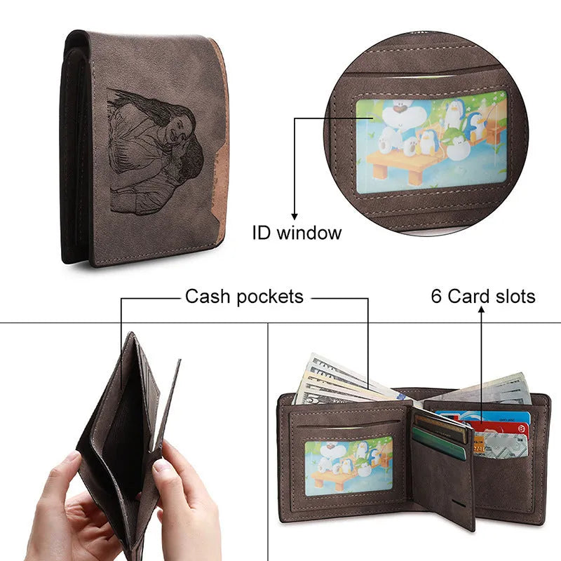 Coffee brown engraved horizontal short wallet with personalisation showing seven-slot interior