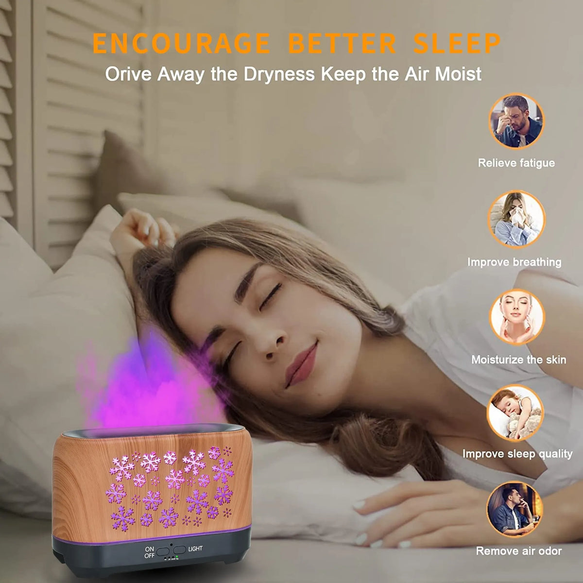 Square snowflake wood grain aromatherapy diffuser showing colourful flame effect mist and remote control on a desktop.