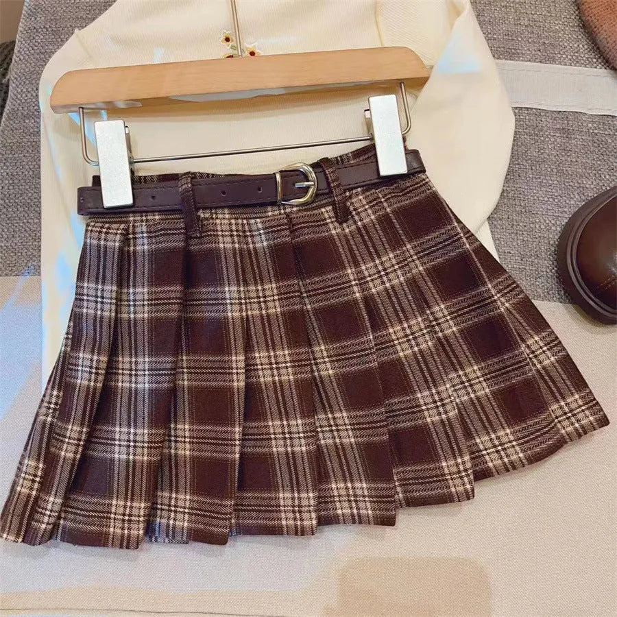 Girls plaid pleated cotton blend skirt with A-line design in six height sizes