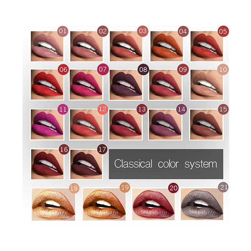 Matte liquid lipstick tube 8ml with 21 numbered shades, long-lasting and waterproof lip glaze for makeup
