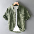 Men's pure cotton short sleeve casual shirt in loose Japanese fresh style available in apricot or army green