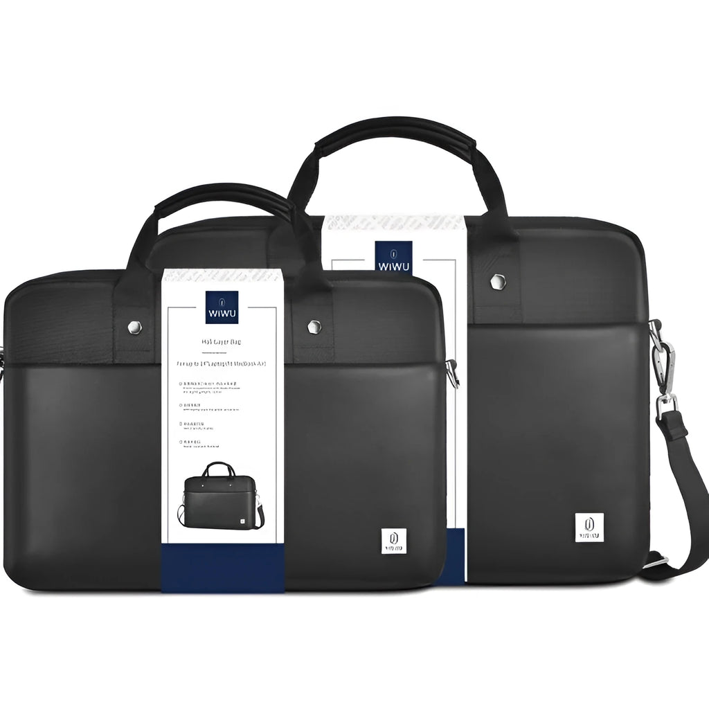 Black oxford cloth laptop handbag showing multi-pocket interior and separate padded computer compartment.