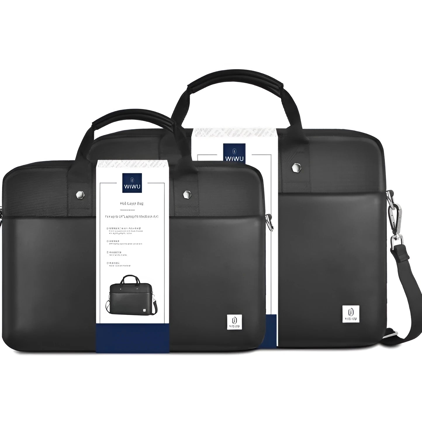 Black oxford cloth laptop handbag showing multi-pocket interior and separate padded computer compartment.