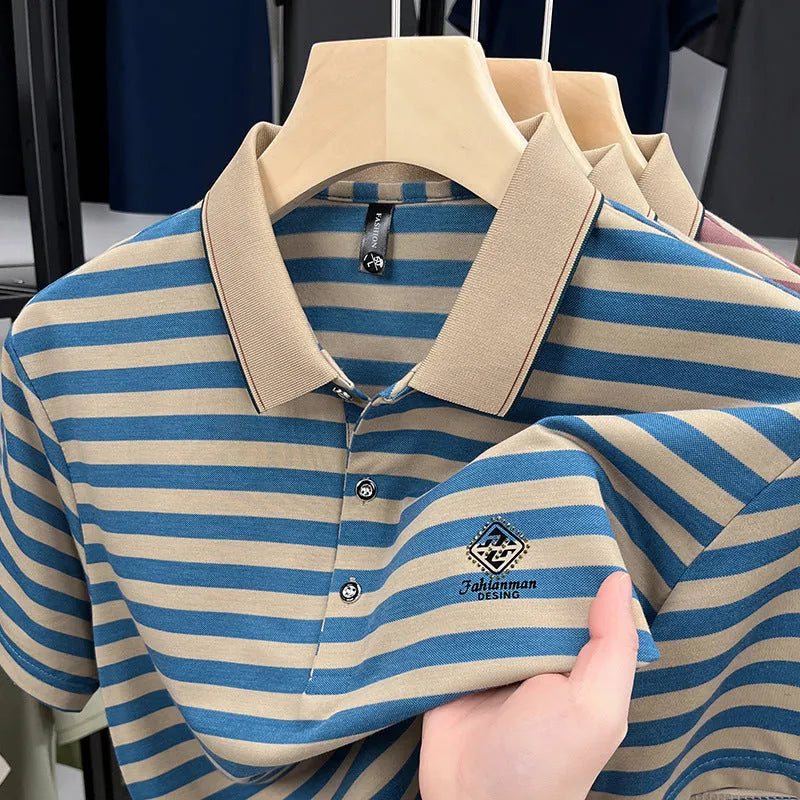 Men's striped short sleeve casual shirt with mosaic pattern in polyester fibre