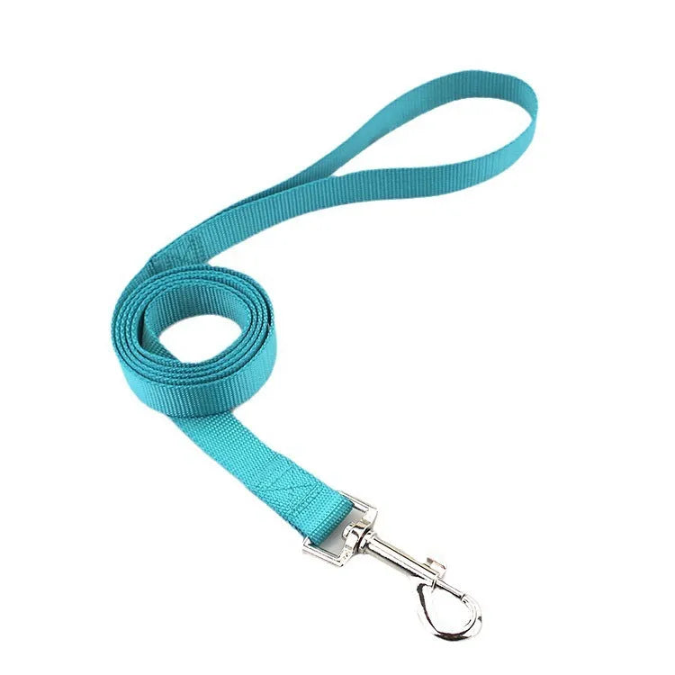 Solid colour nylon dog lead rope in blue, shown with a 120cm length and a hand holding it.