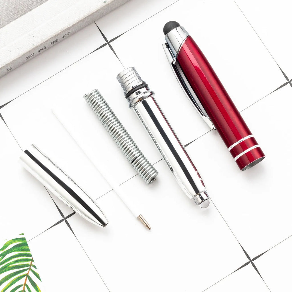 Multifunctional metal capacitive stylus pen with LED light in five colour options showing bullet type tip