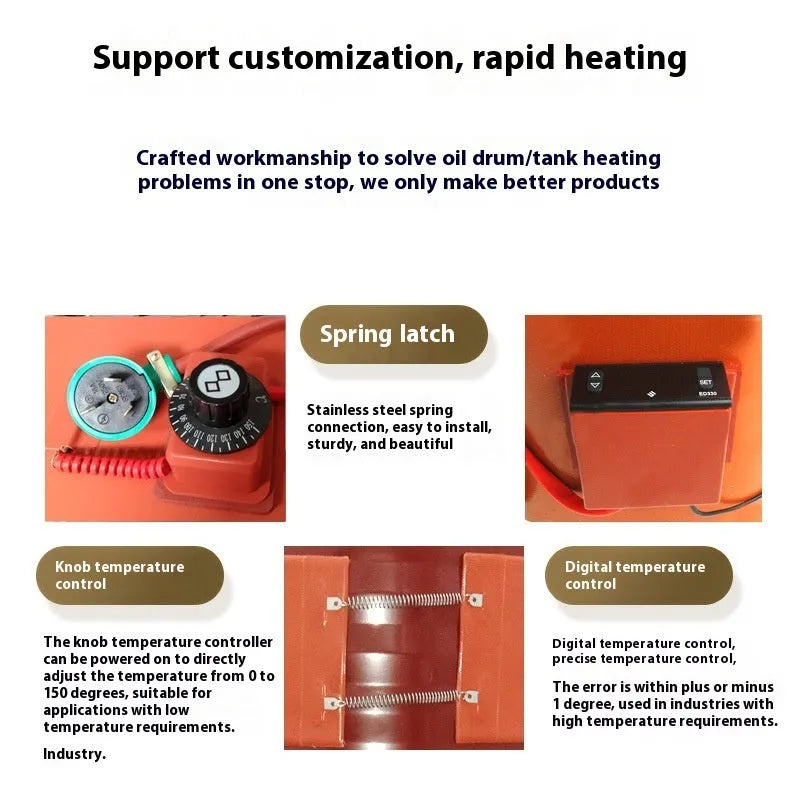 Silicone rubber heating belt wrapped around a 200-litre oil drum, showing digital display control unit.