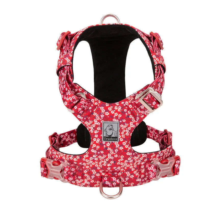 Pure cotton pet chest strap in floral red pattern with anti-pull design for small dogs
