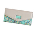 Three-fold women's leather wallet with buckle clip closure in five colour options showing dimensions