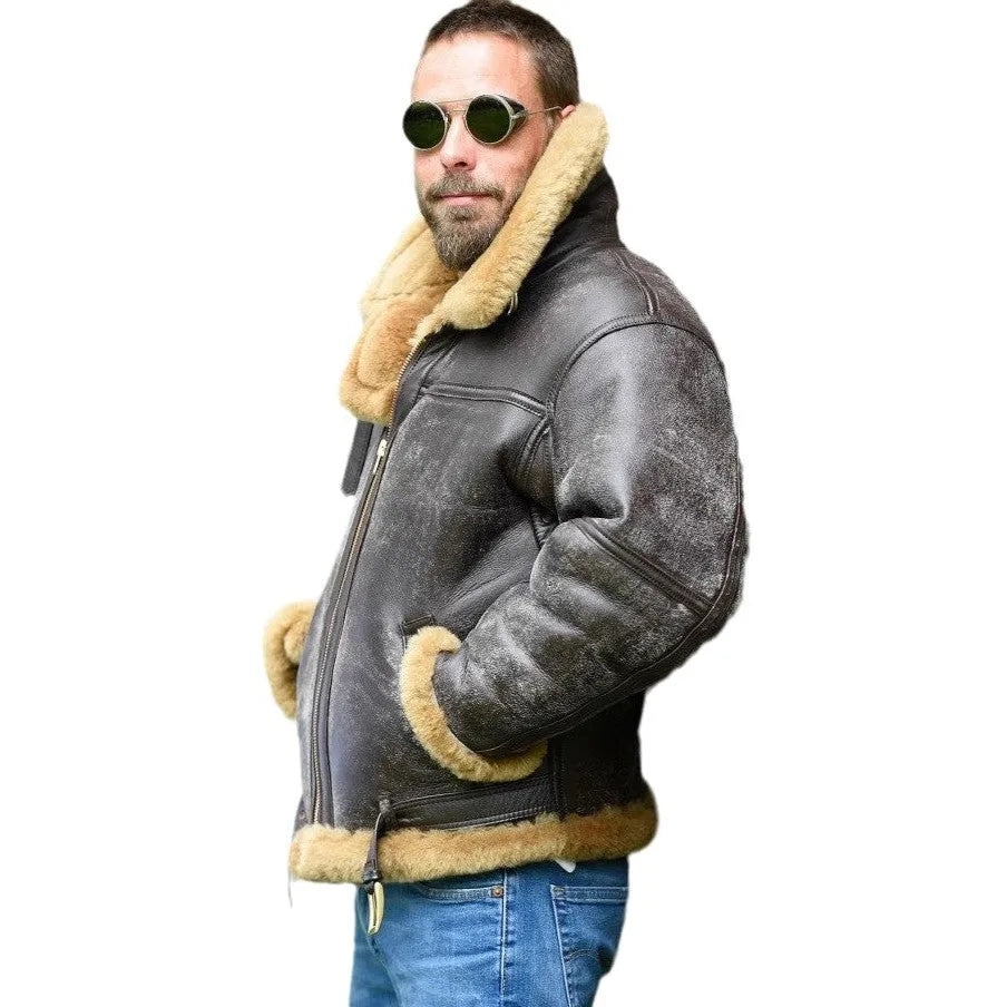 Men's brown retro Western-style synthetic leather fur coat with straight hem
