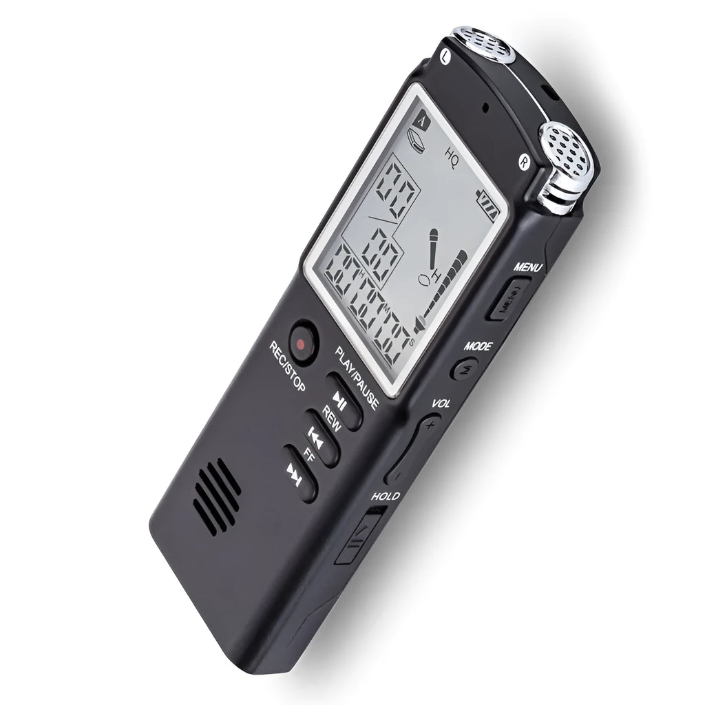 Compact black USB voice recorder for professional telephone and microphone audio recording.