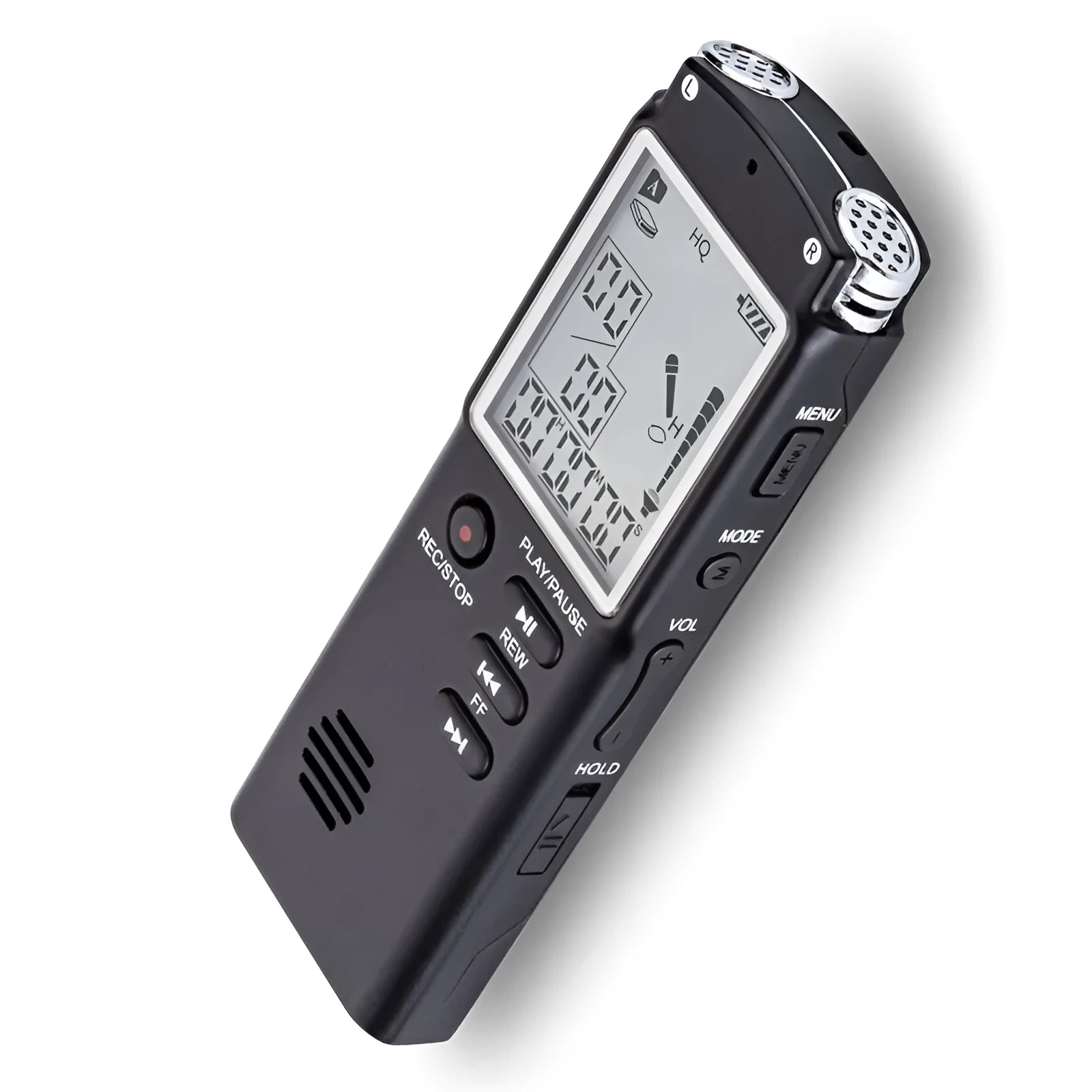 Compact black USB voice recorder for professional telephone and microphone audio recording.