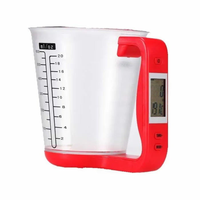 Green digital kitchen measuring cup with integrated LCD display showing weight and temperature measurements