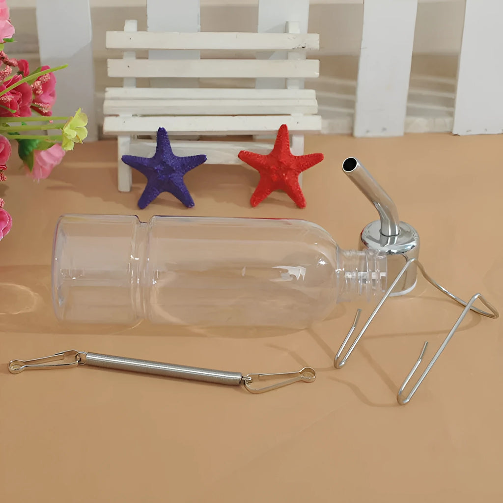 Hanging pet water feeder bottle with stainless steel faucet, transparent natural colour, 180ml or 350ml small animal drinking dispenser