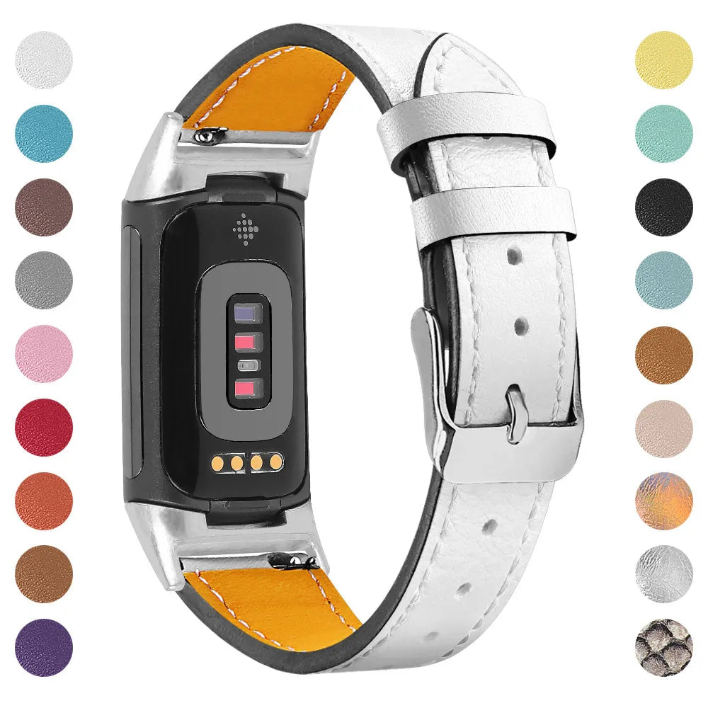 Genuine cowhide leather replacement strap with buckle clasp for Fitbit Charge 5 and Charge 6 smartwatches.