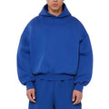 Men's grey fleece-lined cotton pullover hoodie with a wool lining and threaded long sleeves.