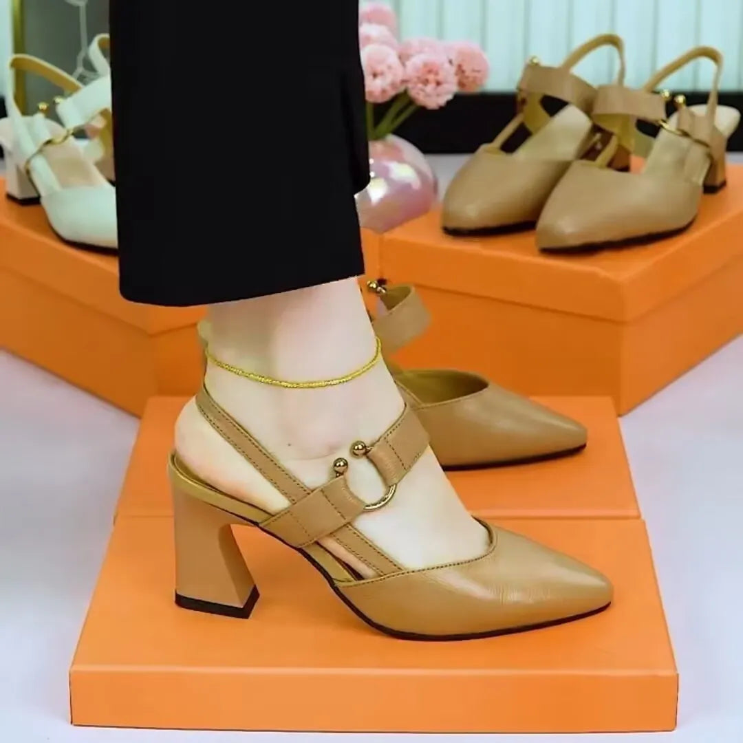 Women's closed toe leather sandals with chunky heel and back strap in apricot colour