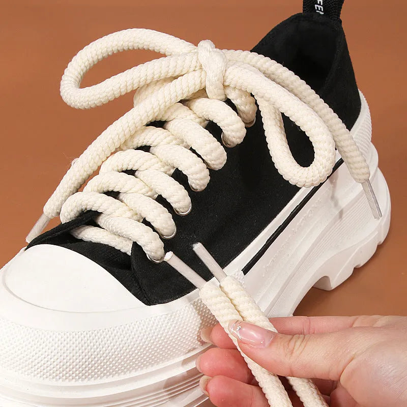 Round woven shoelaces for bread shoes in white, beige, and black, showing different lengths and thickness options