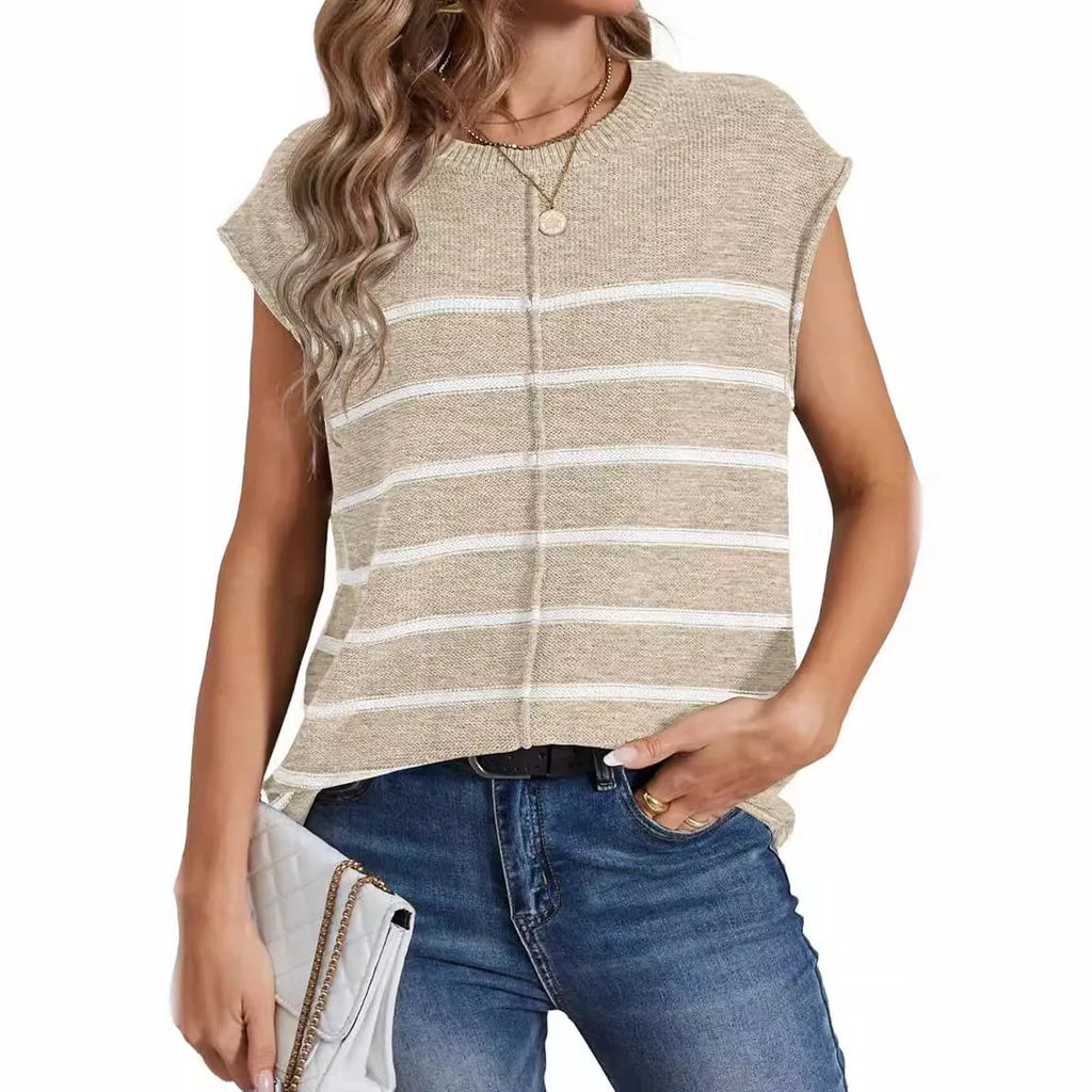 Women's striped sleeveless pullover vest in acrylic knit with bone stitching detail