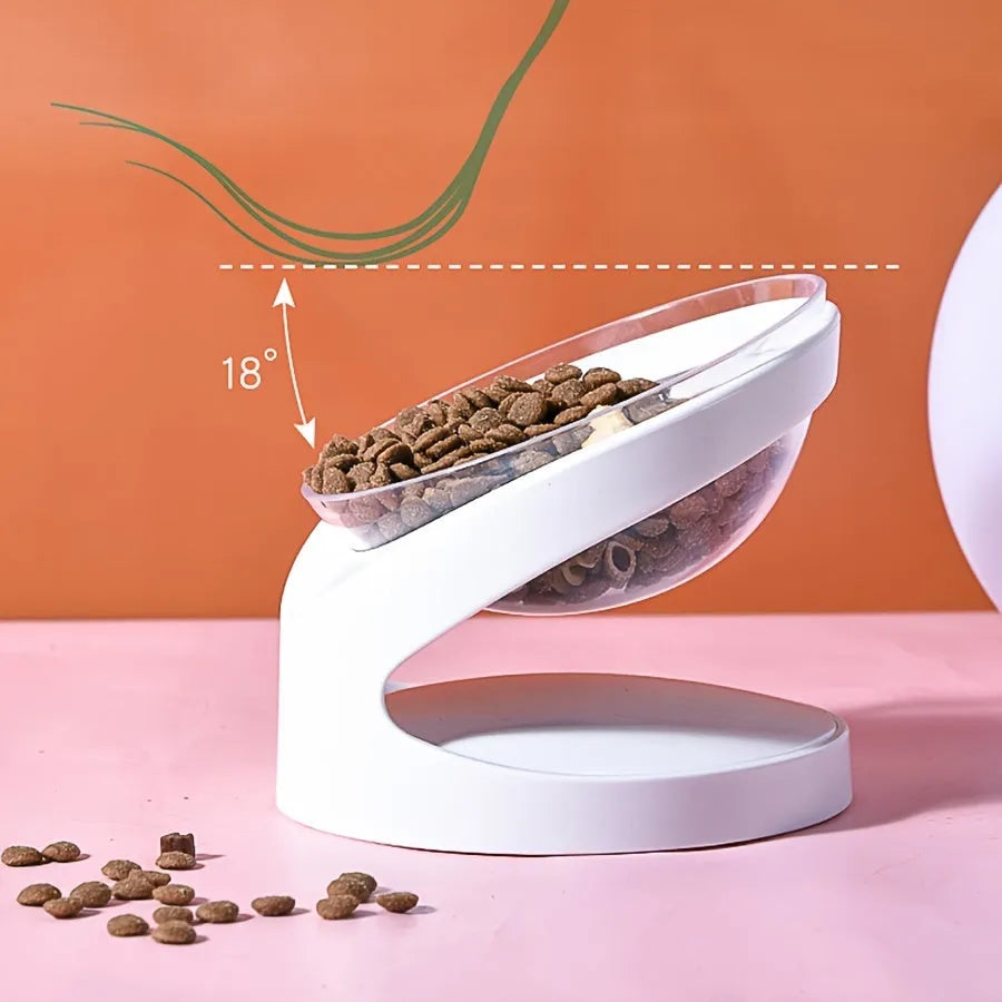 White elevated plastic cat food bowl with tilted design for anti-vomit feeding and neck protection