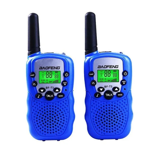 Child holding colourful walkie talkie with antenna extended, showing 22-channel display