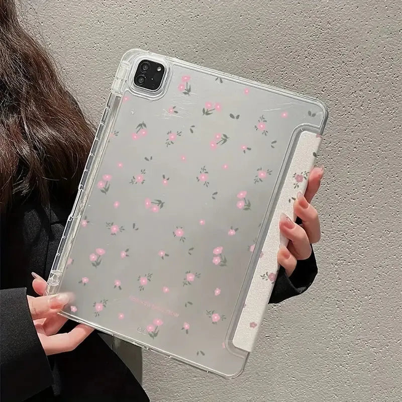 Transparent tri-fold iPad case with floral pattern showing built-in stand angle.