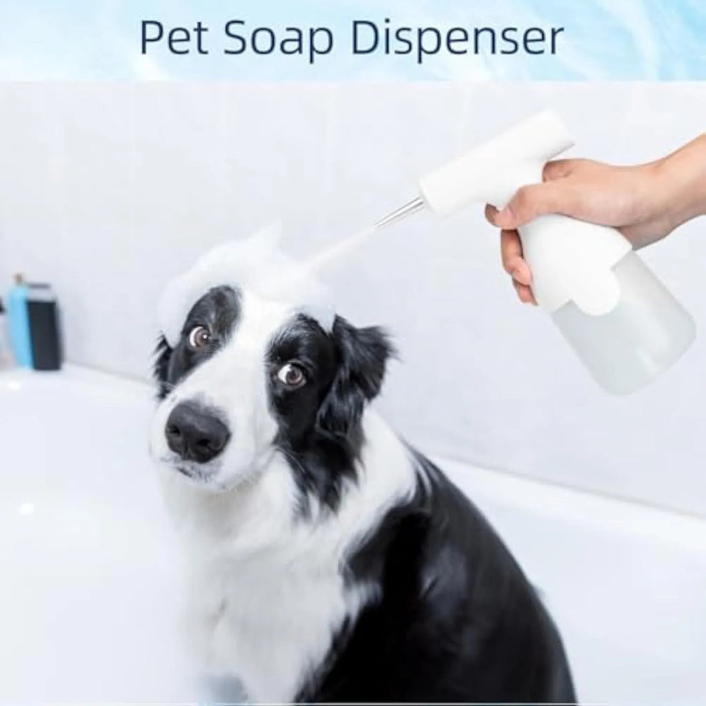 White electric foam soap dispenser with rechargeable battery and two nozzles for pet bathing and household cleaning
