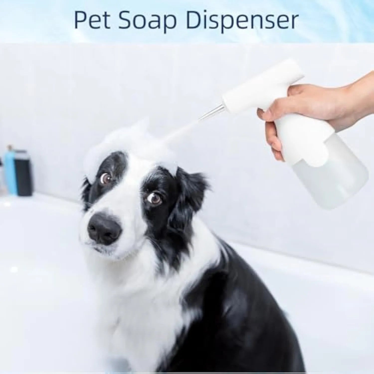 White electric foam soap dispenser with rechargeable battery and two nozzles for pet bathing and household cleaning