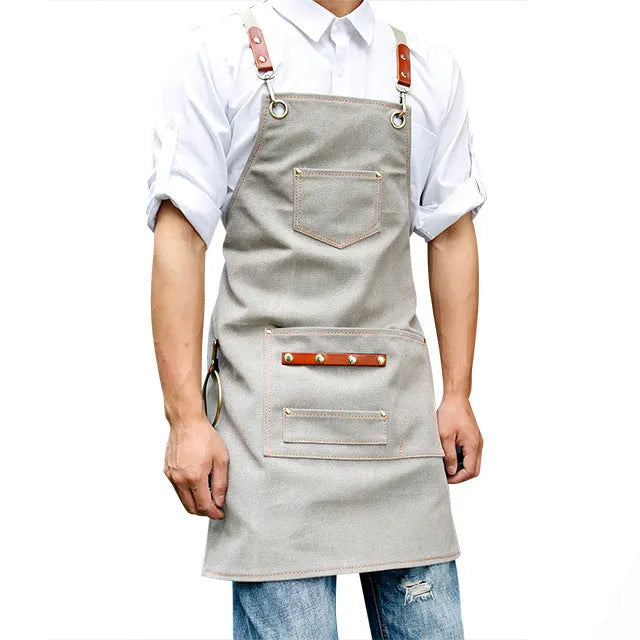 Han style canvas apron with cross-back straps in solid camel colour for cafe baking work