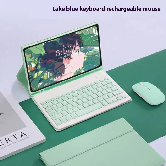 Bluetooth keyboard and charging mouse inside a soft TPU leather-look case for Samsung tablet