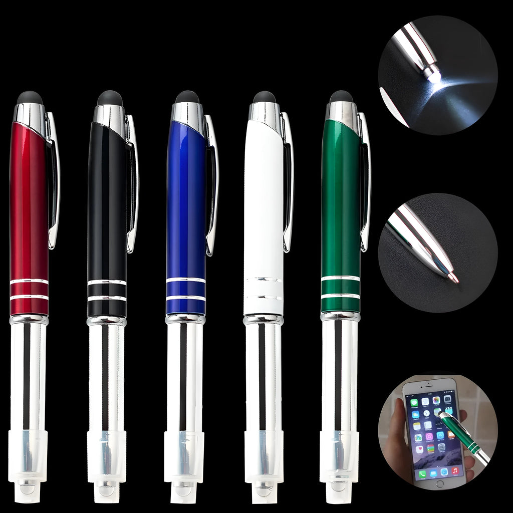 Multifunctional metal capacitive stylus pen with LED light in five colour options showing bullet type tip