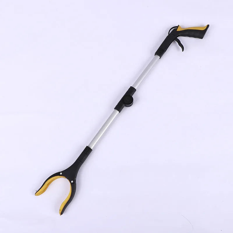 Foldable aluminium garbage pick-up clamp shown extended and collapsed, with magnetic sucker and coloured handle options.