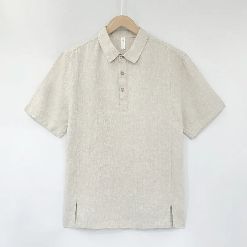 Men's linen summer shirt with thin lapels, short sleeves, and loose fit in multiple colours