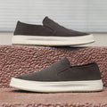 Men's gray and apricot casual shoes with round toe, PU upper, and sleeve design.