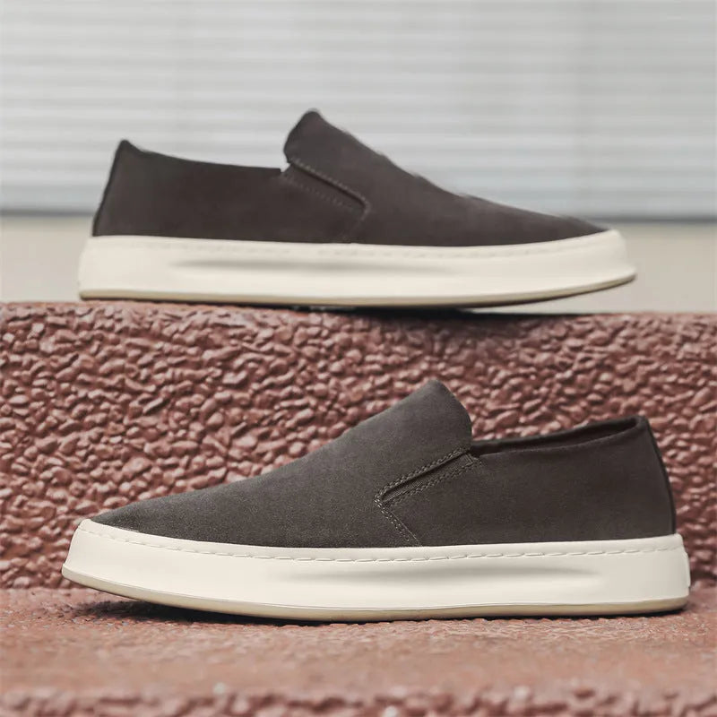 Men's gray and apricot casual shoes with round toe, PU upper, and sleeve design.