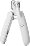 White pet nail clippers with LED light, transparent guard, and leather-like handle next to a nail file.