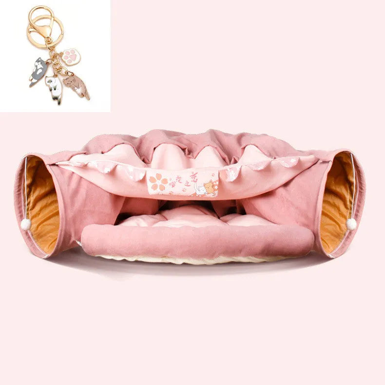 Collapsible fabric cat tunnel toy in bar, coffee, matcha, or pink colours, showing 45cm dimensions