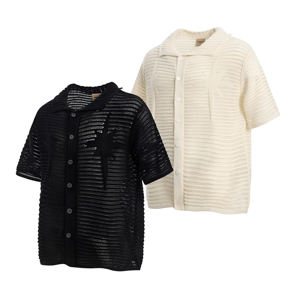 American retro loose-fit cotton short sleeve shirt in apricot and black colours for casual wear
