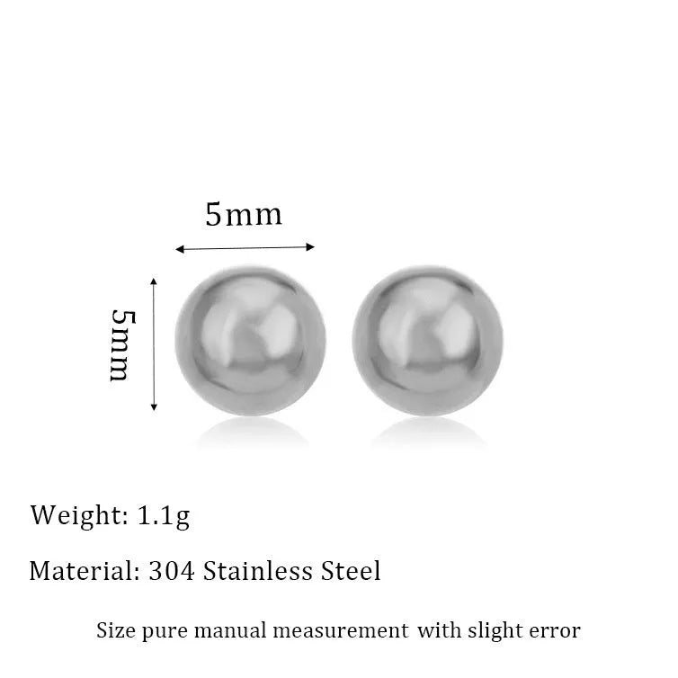 Minimalist 18K gold plated titanium steel ball stud earrings in 3mm, 4mm, 5mm, and 6mm sizes for women.