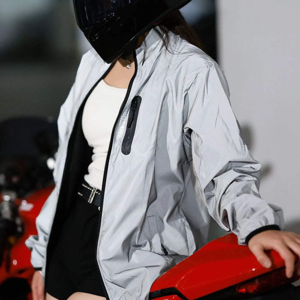 Silver windproof polyester long sleeved top coat displayed in European size 3XL with wind resistant fabric texture