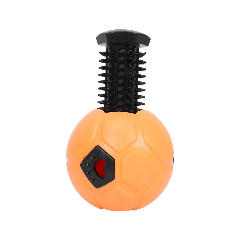Orange and white TPR dog toy balls for chewing, one hollow and one with a teeth cleaning stick.