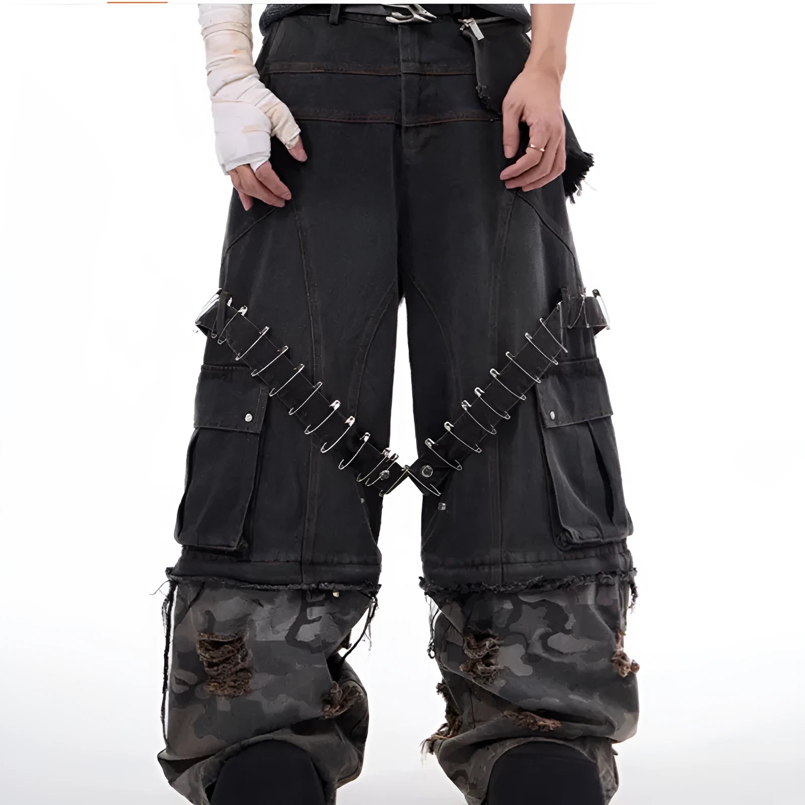Men's grey jeans with camouflage splicing pattern and pin ribbon detailing