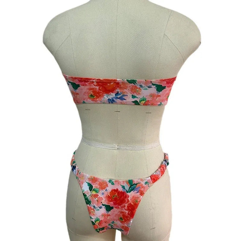 Women's floral print bikini set with lace tube top in blue, pink, yellow, or colourful options.