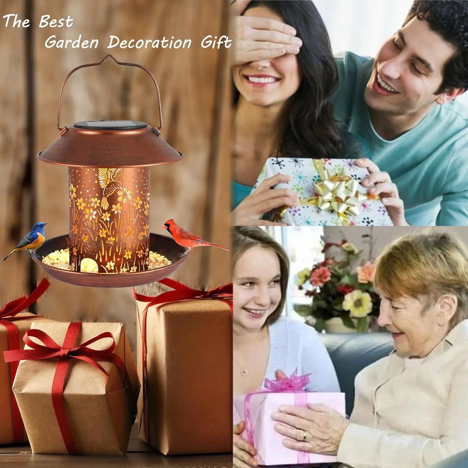 Iron art solar lamp bird feeder with hummingbird pattern for garden decoration.